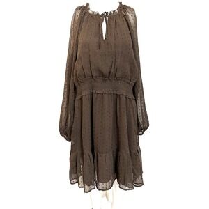 Old Navy XL Boho Cottagecore Brown‎ Swiss Dot Dress Smocked Waist Sheer Flowy